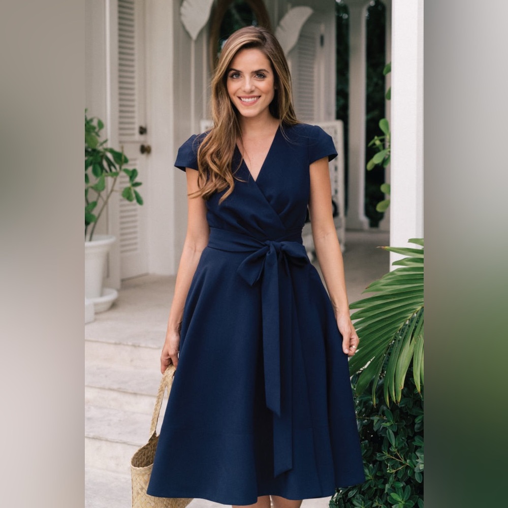 Gal Meets Glam Navy Wrap Addison Midi, Self-Tie Waist